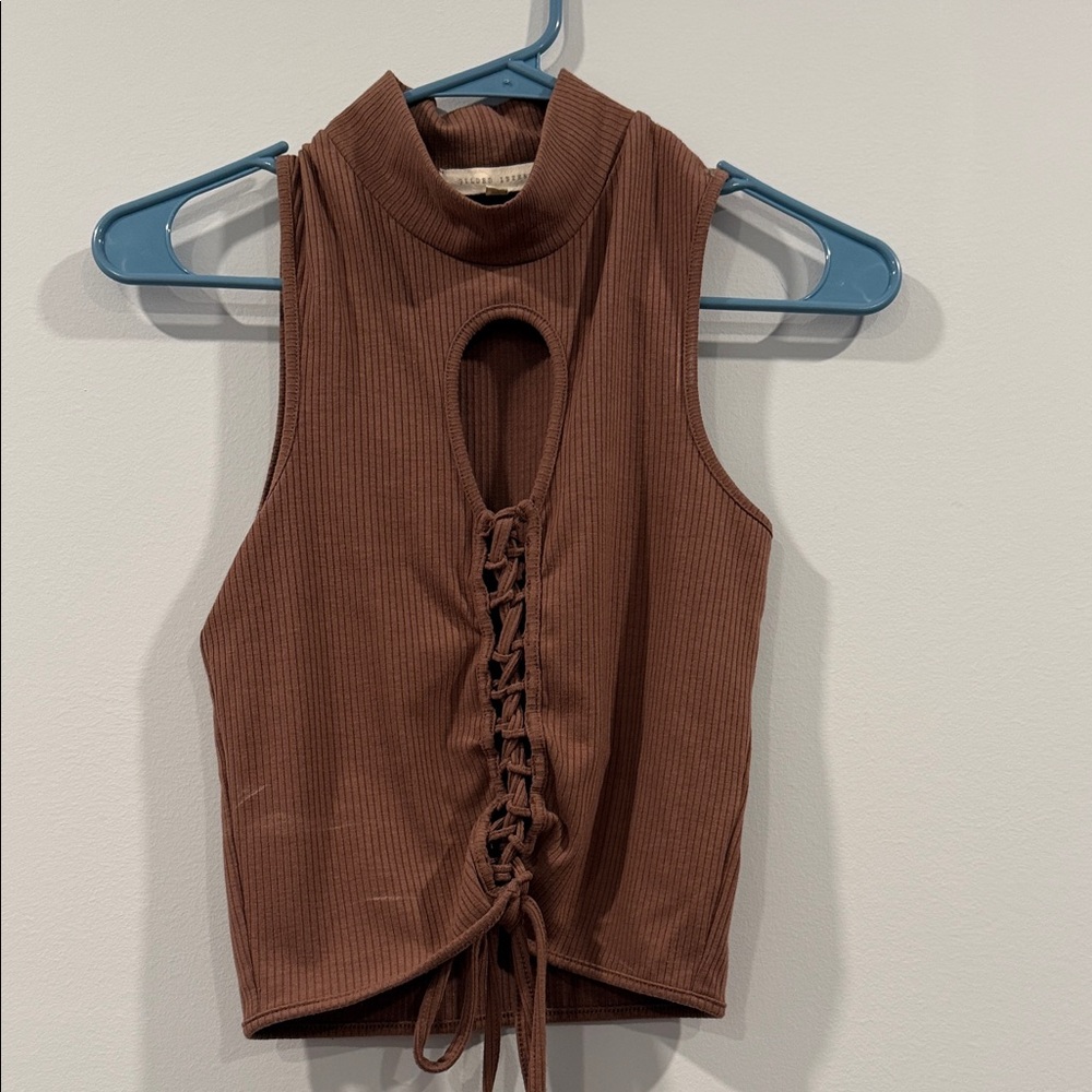 Gilded Intent Brown Ribbed Lace-Up Mock Neck Crop Tank (Buckle)